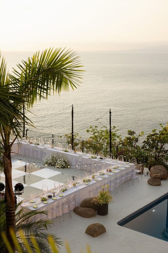 Cliffside terrace reception at one of Italy's most dramatic dream destination wedding locations.