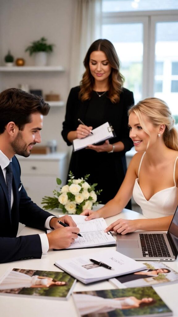 Couple researching locations while building their destination wedding planning checklist.