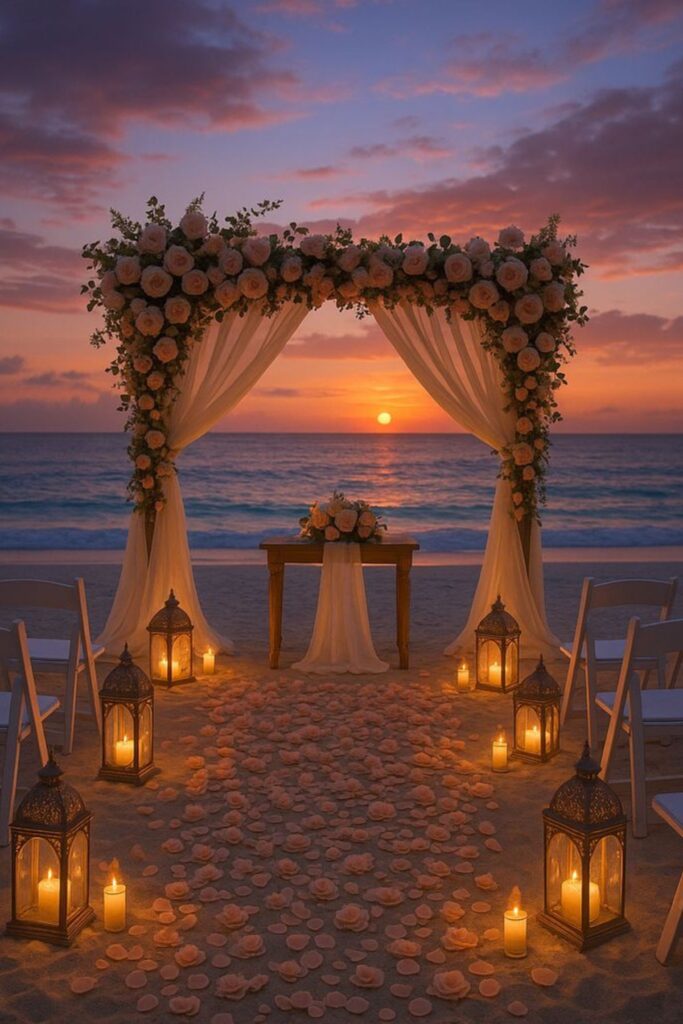 A Beautiful Sunset Setup in a Beach Wedding