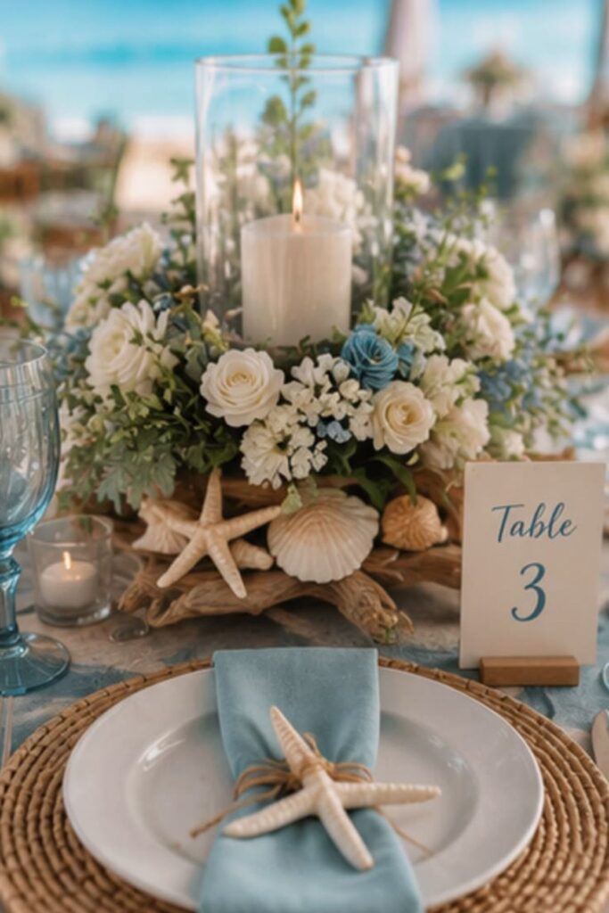 A Shell-Inspired Table Setting in a Beach Wedding