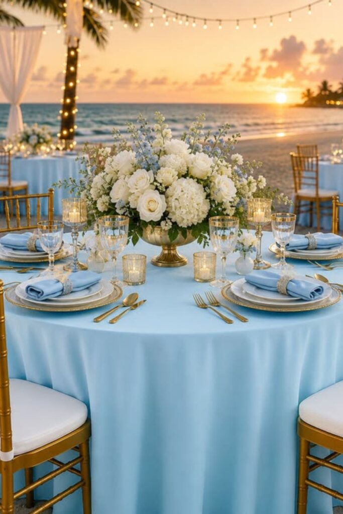 Blue And Gold Beach Wedding