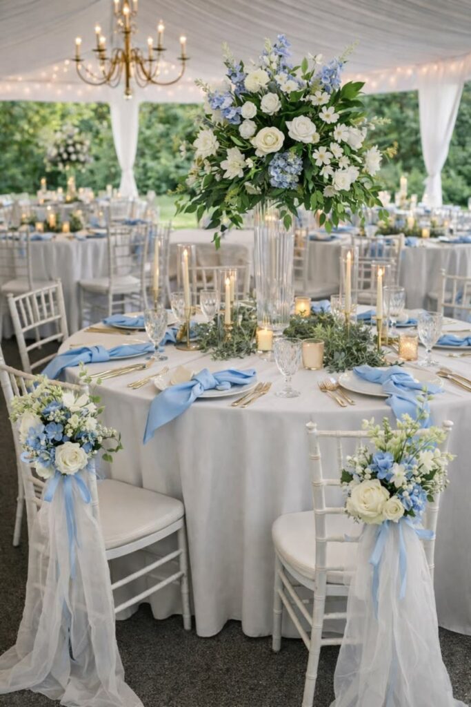 Blue And White Table Linens in a Beach Wedding