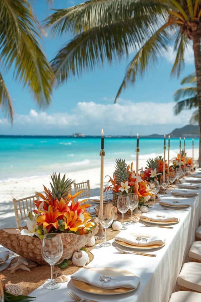 Decorated Tables With Tropical Centerpieces in a Beach Wedding