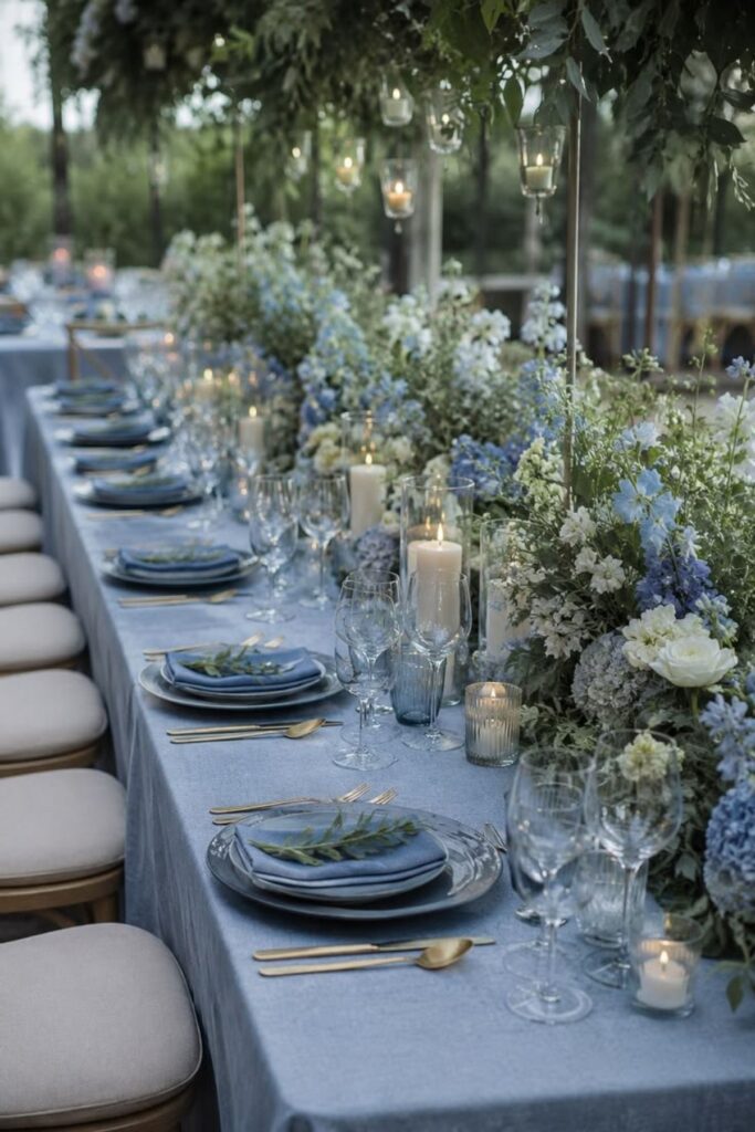 Dusty Blue, White, And Greenery Wedding Color Combination