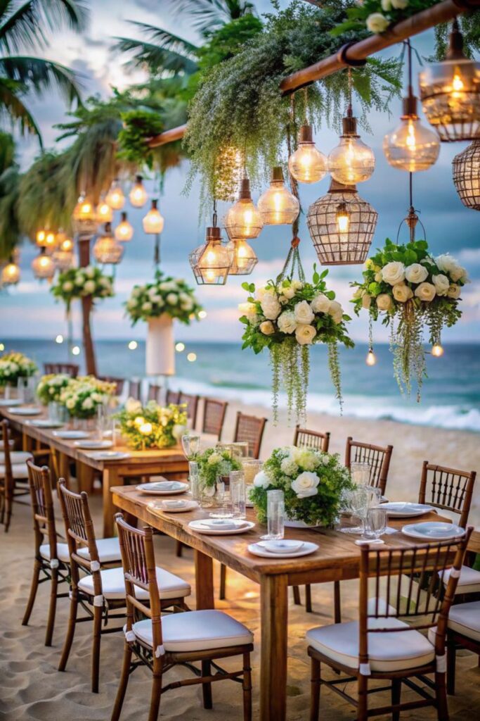 Hanging Floral Installations in a Beach Wedding