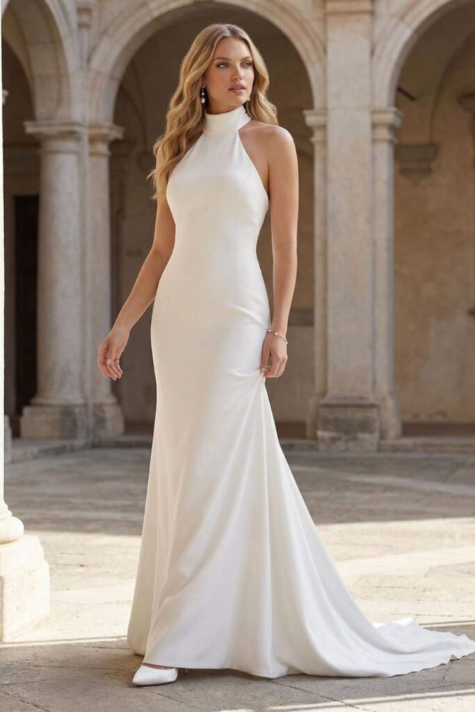 High-Neck Silk wedding Gown