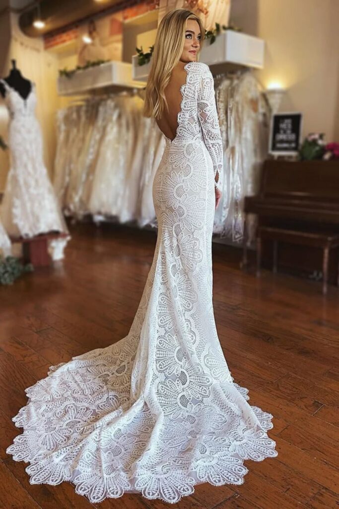 Lace Wedding Dress With A Long Sleeve And Open Back