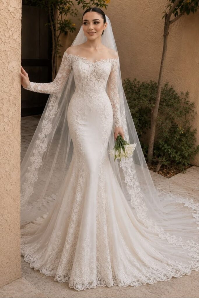 Lace Wedding Dress With A Simple Veil