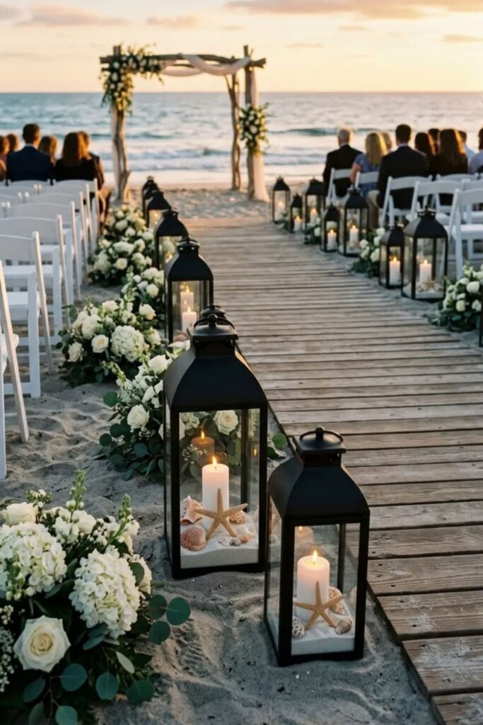 Lanterns Along The Ceremony Area Of A Beach Wedding