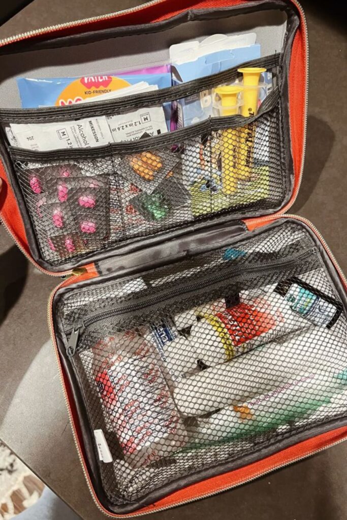 Medications And Health Essentials in a traveling bag