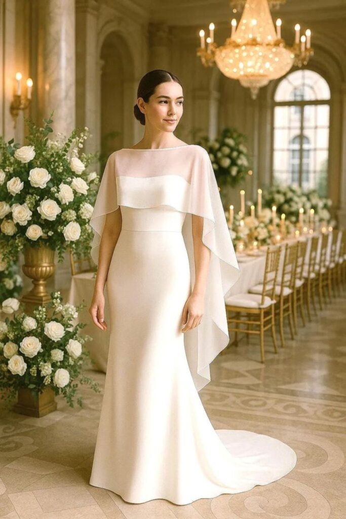 Minimalist Wedding Dress With A Cape