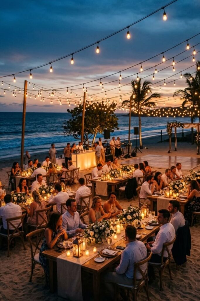 String Lights Above The Reception in a Beach Wedding