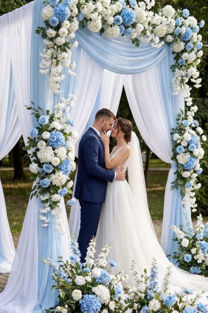 White, Ivory, And Soft Blue Wedding Color Combination 