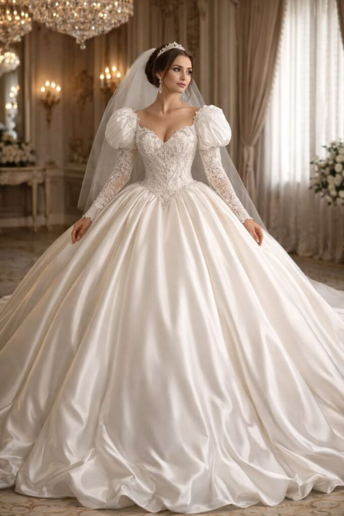 a bride wearing A heavy satin gown