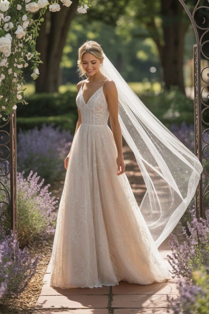 a bride wearing A long veil