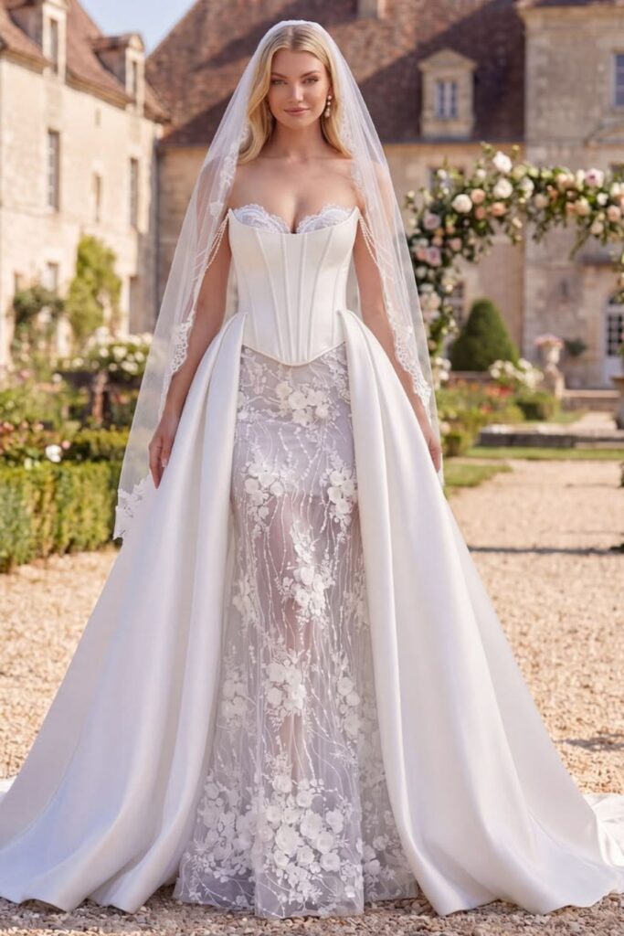 a bride wearing A wedding dress with awkward Dress Bustle