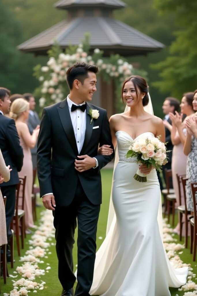 a couple Walking Down A Petal-Lined Aisle