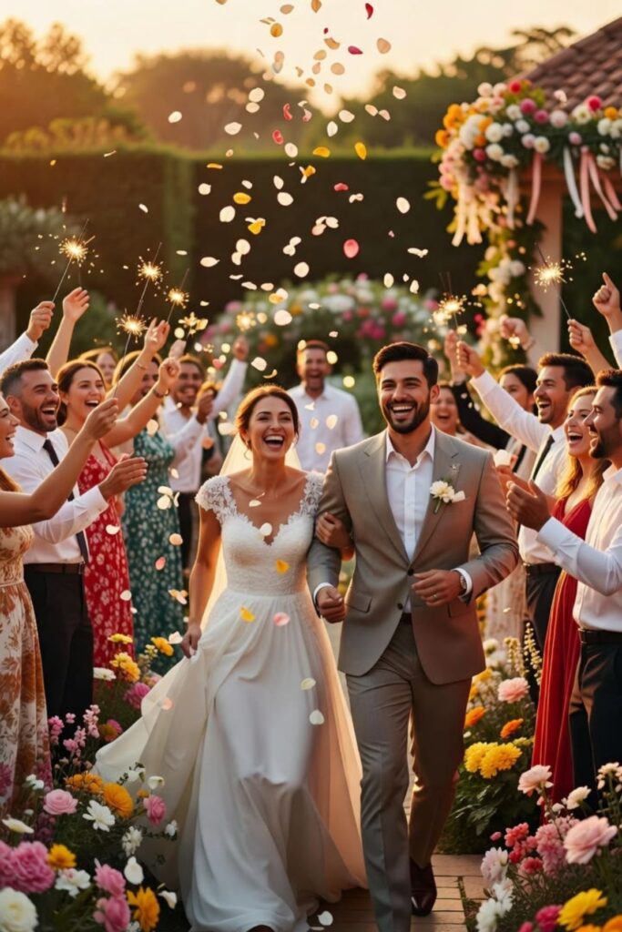 a couple walking down the aisle in a beach with people