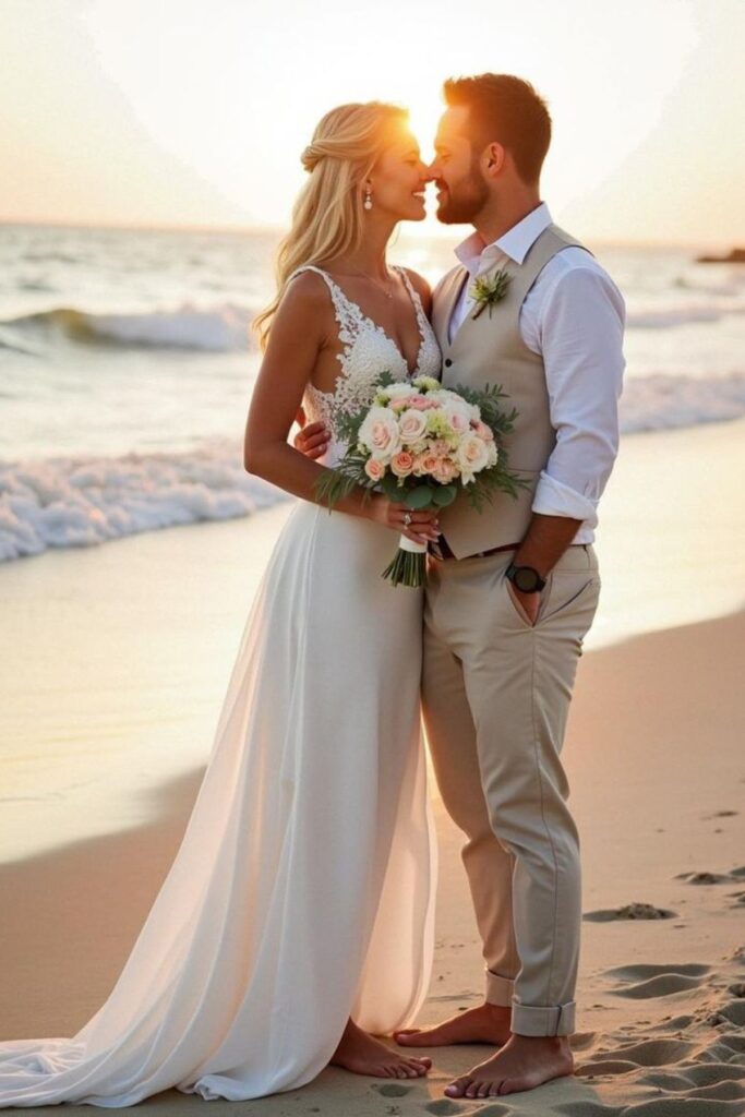 a wedding couple on the beach barefooted