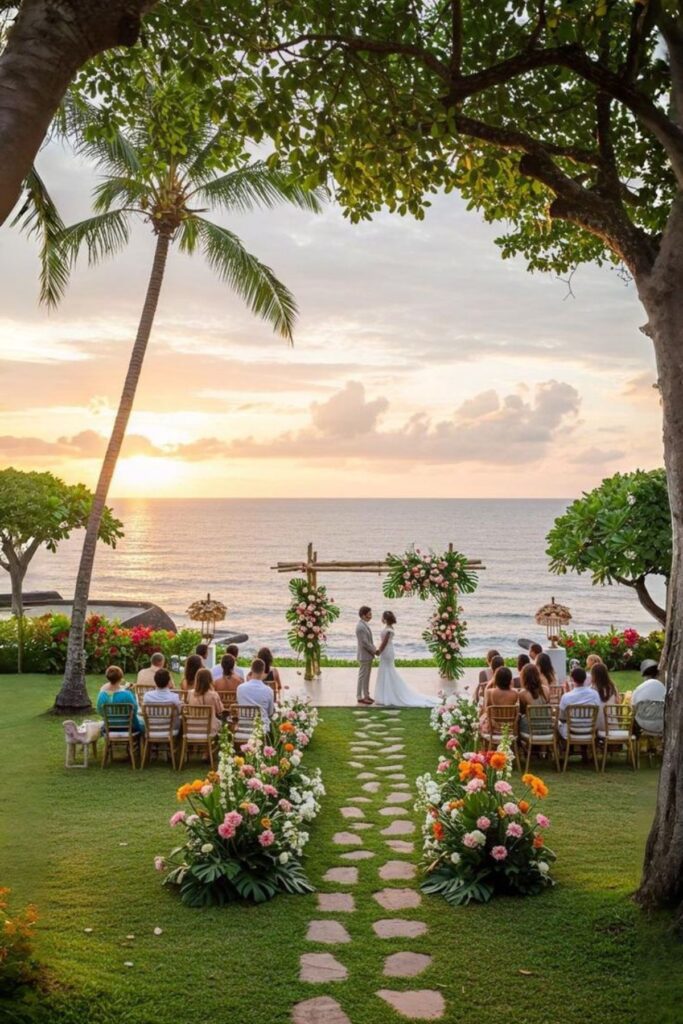 beach wedding ceremony under a tree shade