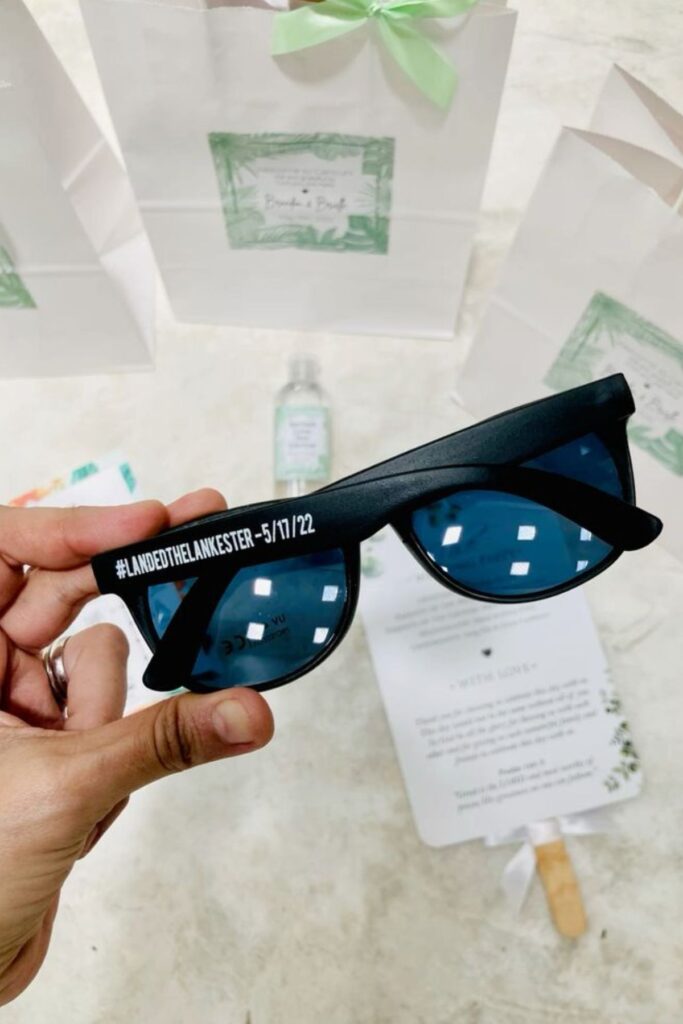 wedding welcome bag containing Custom Sunglasses