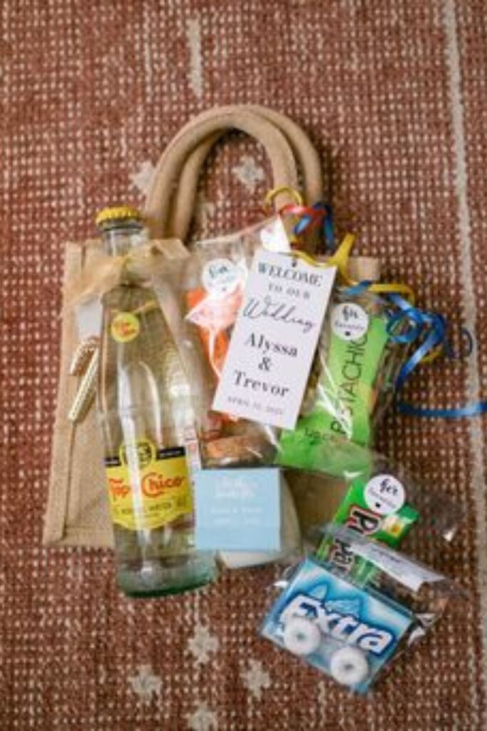wedding welcome bag containing, electrolyte packets, mints, and gums
