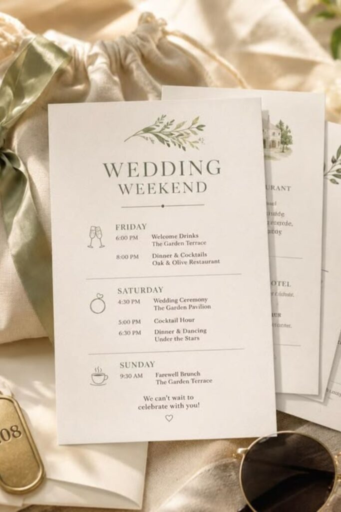 wedding welcome bag containing personalized Itinerary