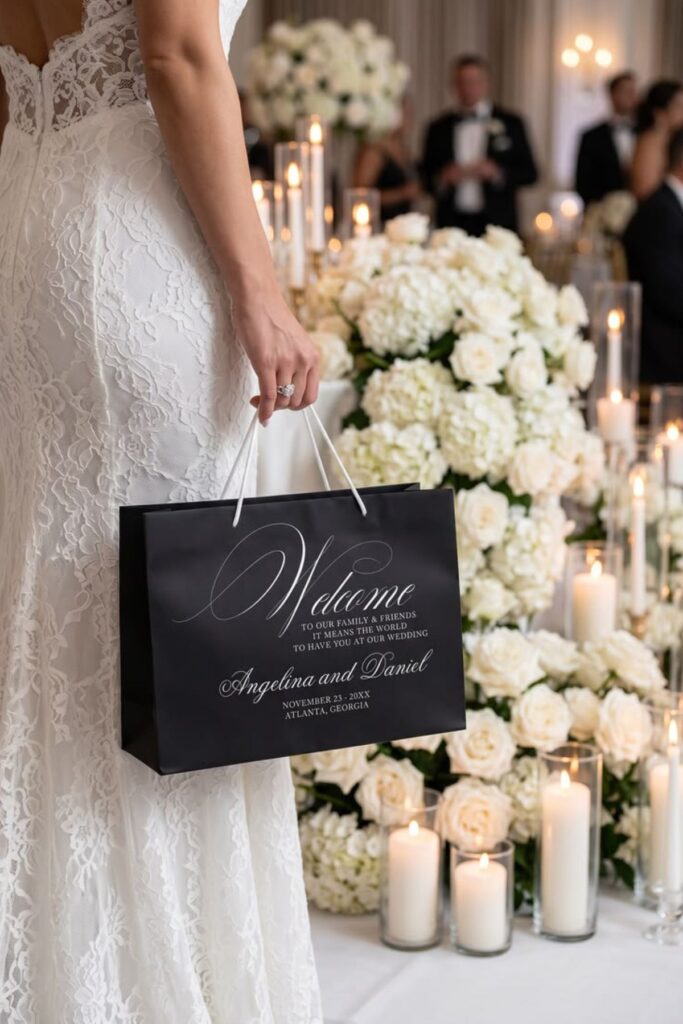 a bride carrying a welcome bag