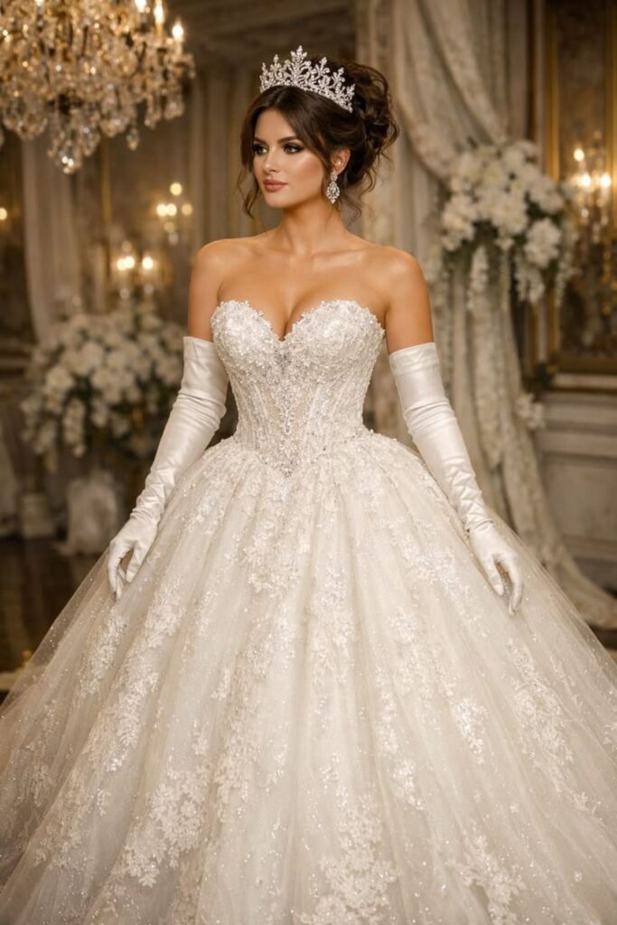 a bride wearing a very dramatic ball wedding dress