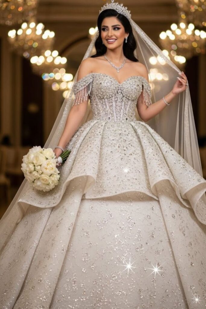 a bride wearing a wedding dress with too much beads