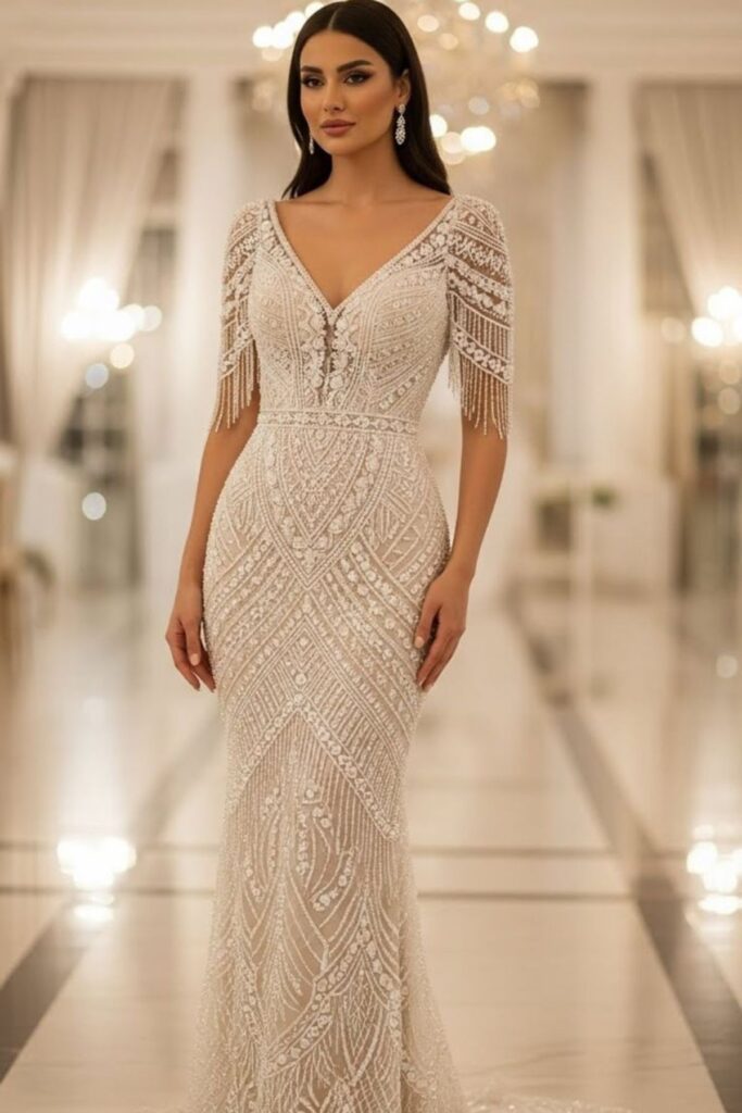a bride wearing an Georgette wedding dress with too much beads