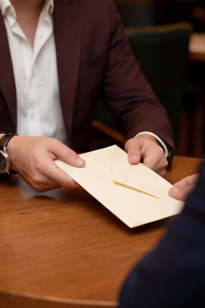 someone giving someone a wedding invite