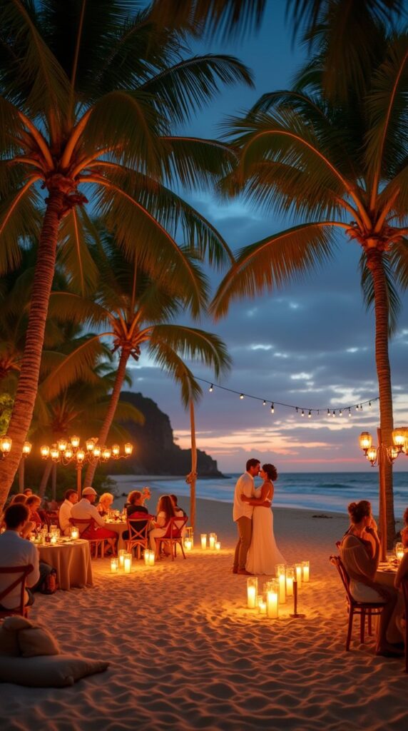 Couple kissing at Zanzibar sunset beach wedding with wedding guests seated