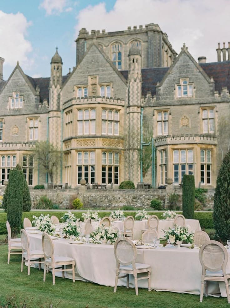A wedding setup with an Old English building as the background