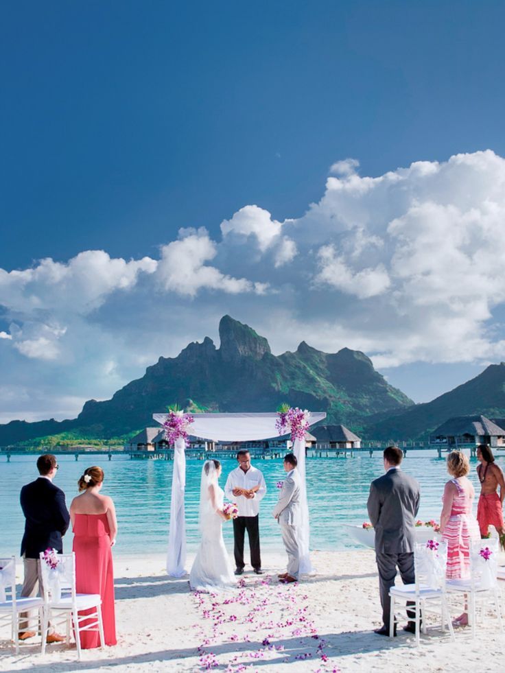 Bora Bora beach wedding ceremony with Mount Otemanu in the background.