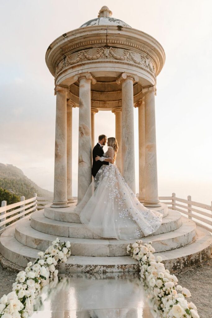 Happy bride and groom at the White Marble Temple, Son Marriog, in Mallorca, Spain 