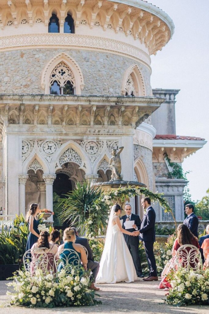 Magical destination wedding ceremony at the Palace of Monserrate in Sintra, Portugal 
