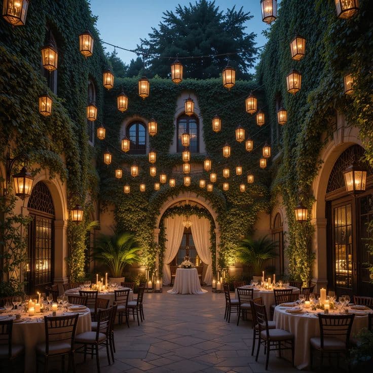 Candlelit courtyard reception, one of the best destination wedding locations in Europe.