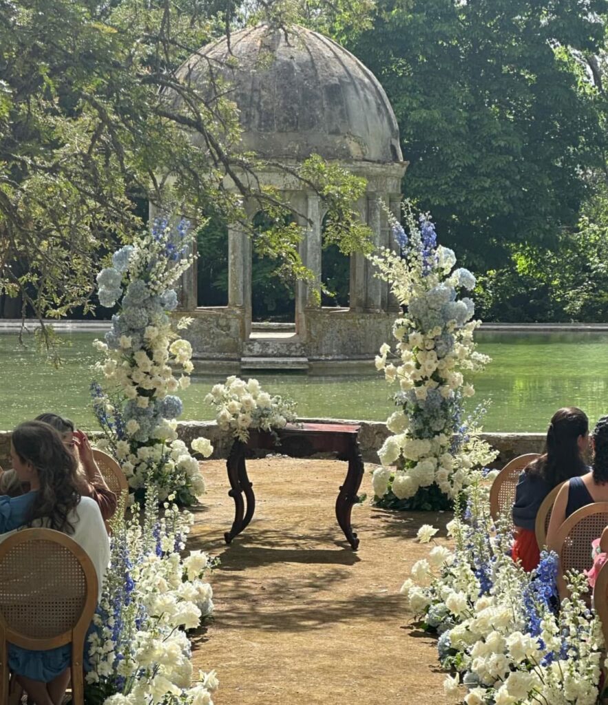  A palace terrace in Sintra, Portugal decorated with flowers for a wedding
