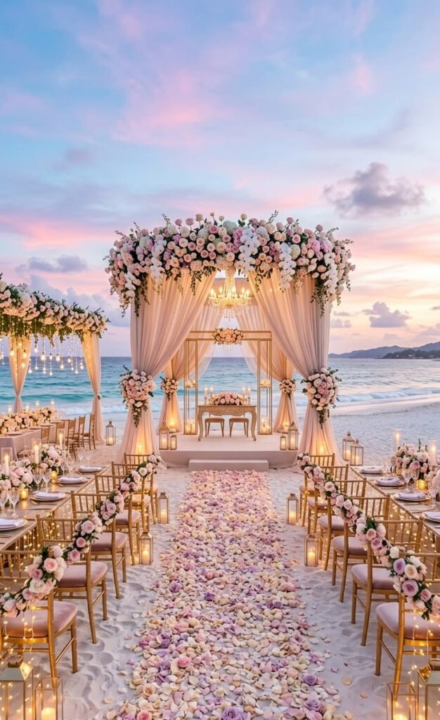 Well-lit Santorini beach venue with exquisite decorations 