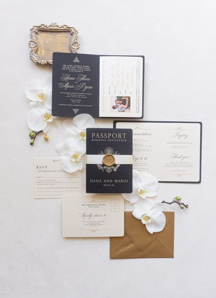 Vintage passport wedding invitation set used as a sample for a comprehensive destination wedding planning checklist.