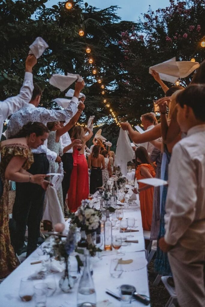 Guests celebrating at a destination wedding reception
