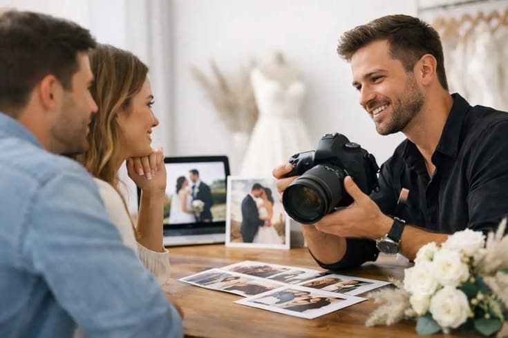 Couple reviewing photographer portfolios, an important step nine months into a destination wedding planning checklist.