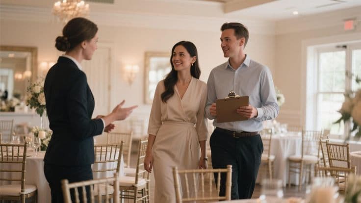 Couple meeting with a local coordinator during the early phase of their destination wedding planning checklist.