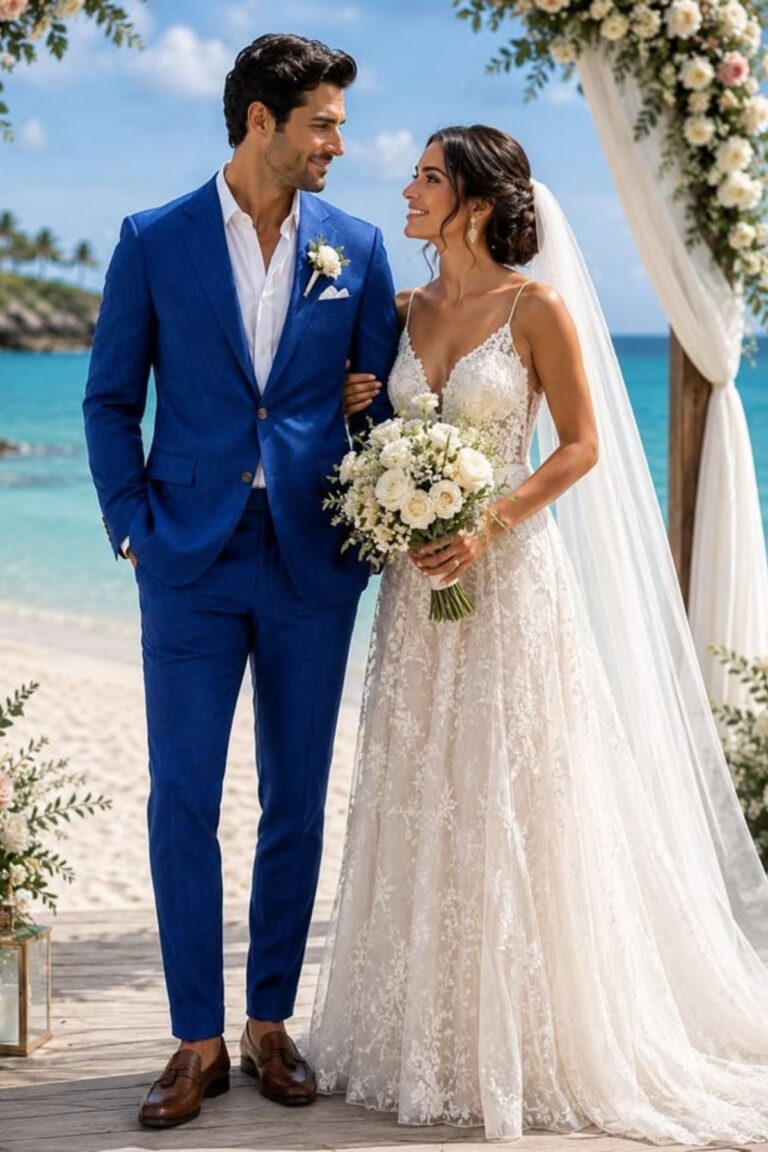 A couple at a beach wedding