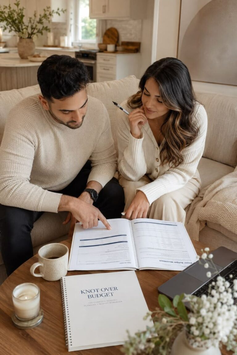 a couple discussing wedding budget