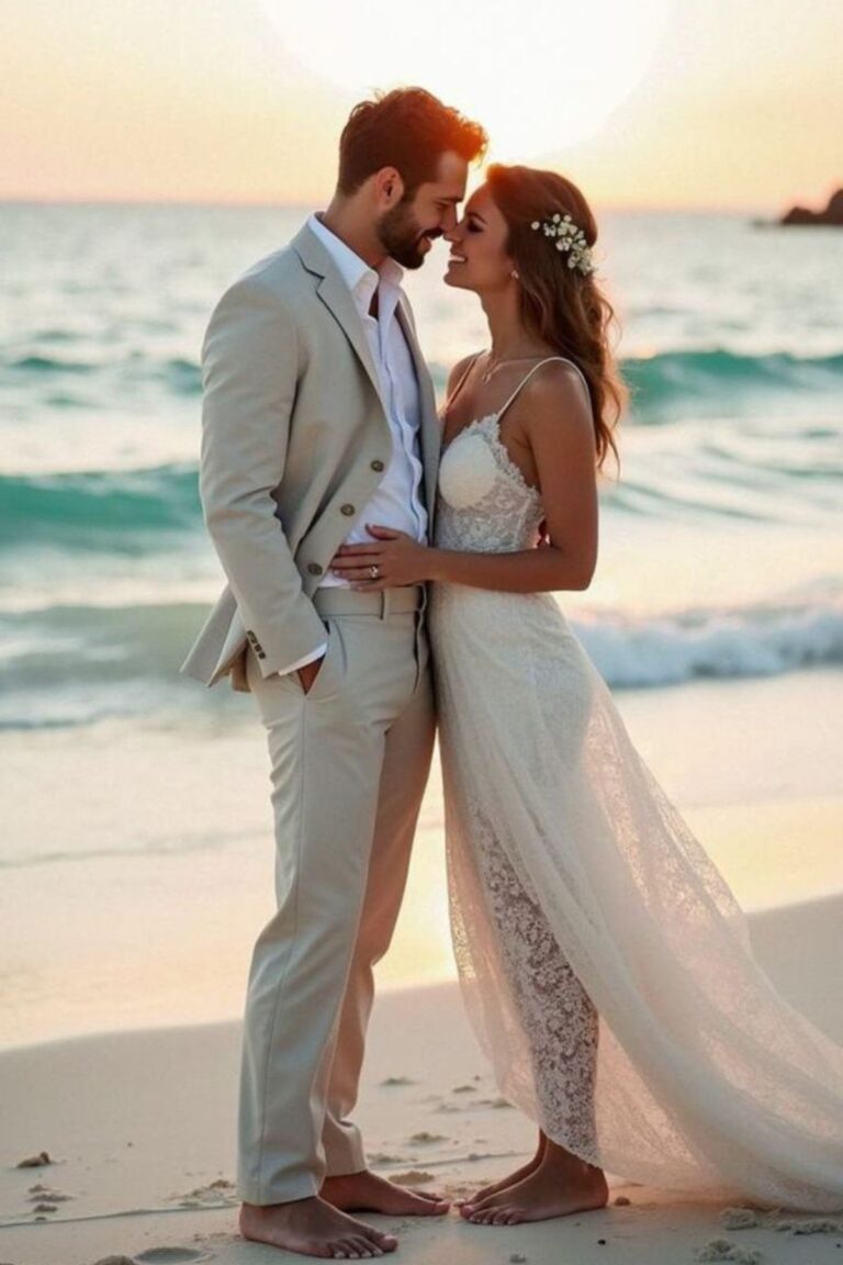 a couple exchanging wedding vows at the beach with barefoot