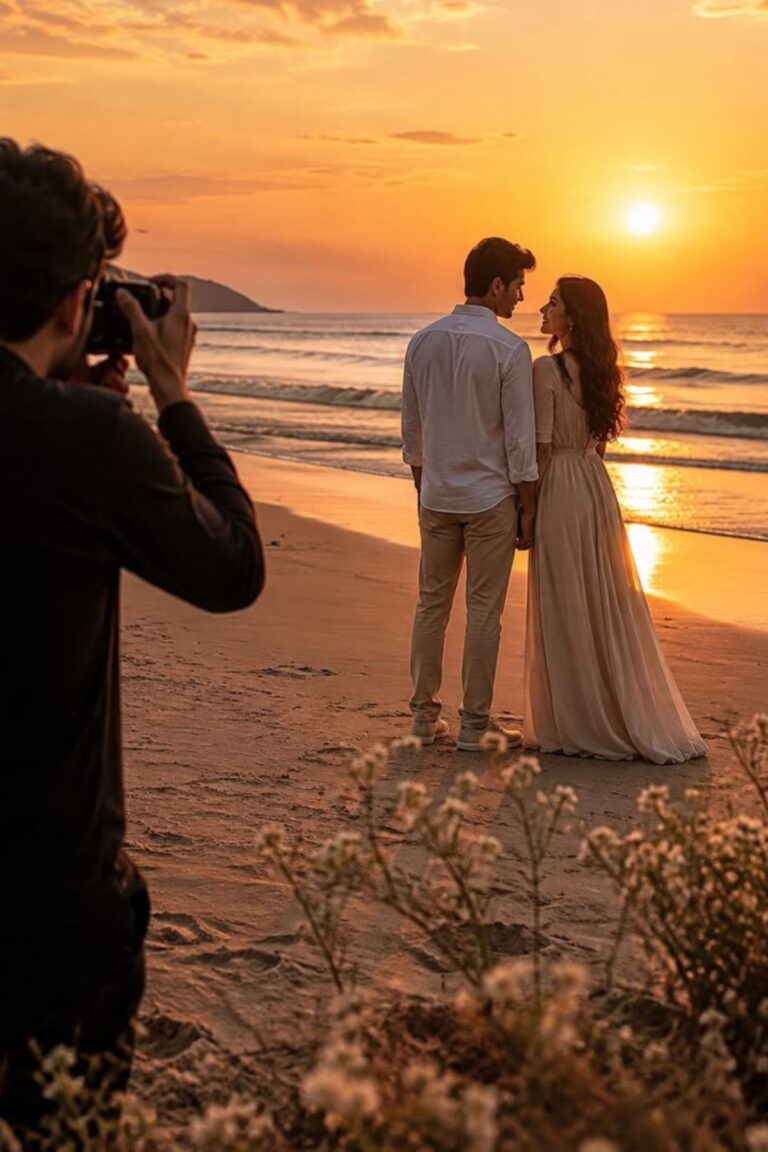 a photographer snapping a couple at golden hour